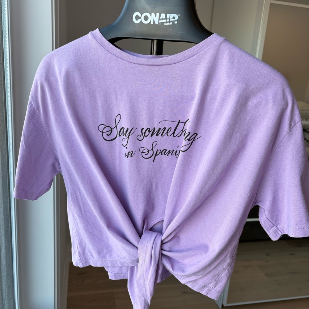 Zara Lavender‎ Graphic Tee with tie at front short sleeve size L 100% cotton